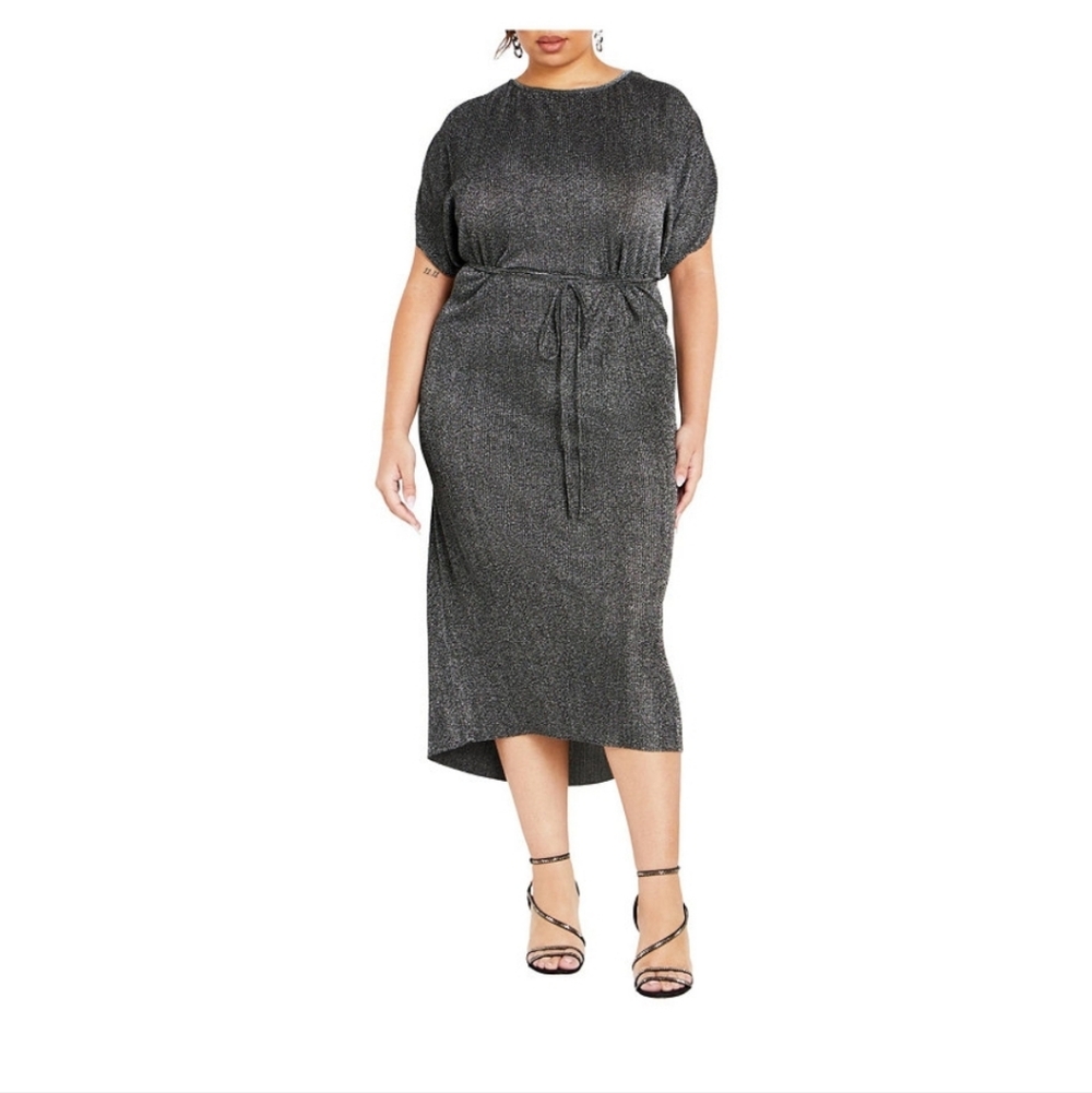 **City Chic Metallic Charcoal Midi Dress with Tie Waist - Very Light Weight